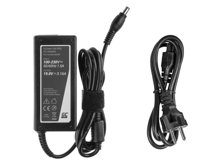 Green Cell PRO polnilec / AC Adapter 19V 3.16A 60W za Samsung R519 R719 RV510 NP270E5E NP275E5E NP300E5A NP300E5E NP300E5C (AD20P)