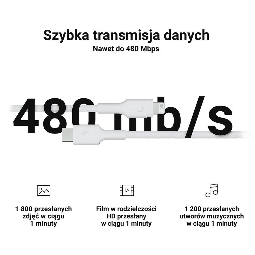 bel USB-C - Lightning MFi 1m kabel za Apple iPhone Green Cell PowerStream, with napajalni kabel fast charging (KABGC07W)