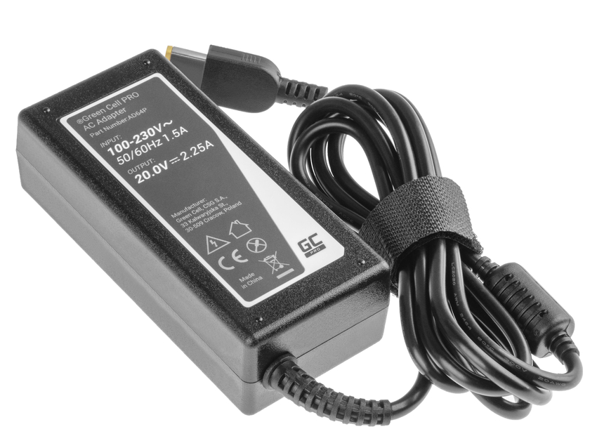 Green Cell PRO polnilec / AC Adapter 20V 2.25A 45W za Lenovo G40-30 G50-30 V110-15IAP V130-15IGM Yoga 300-11IBR ThinkPad X240 (AD64P)