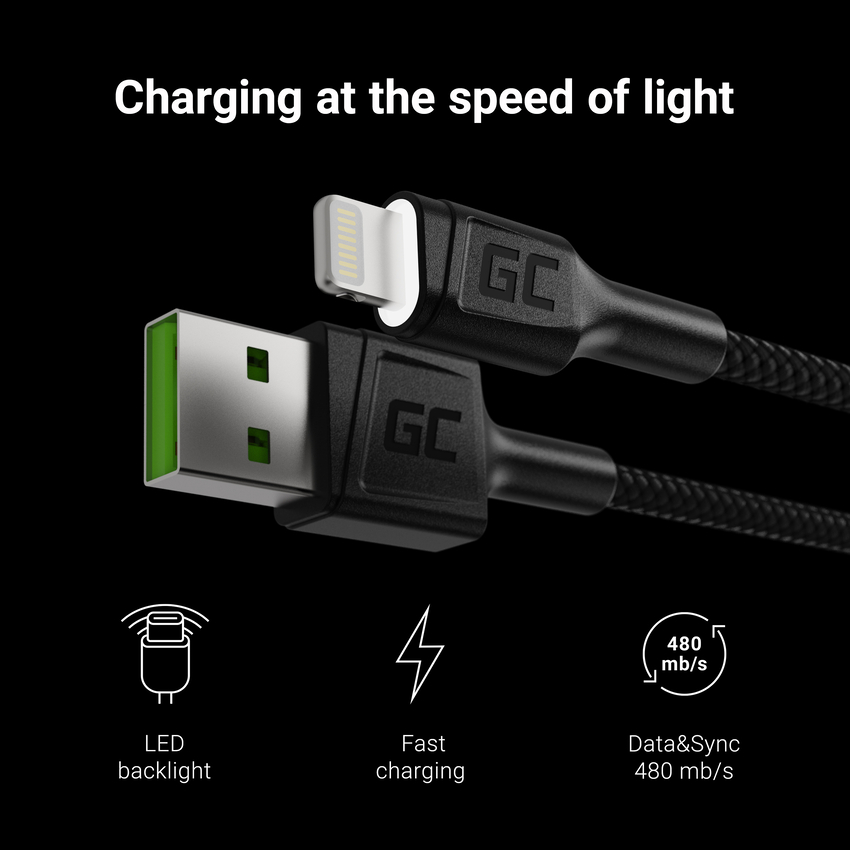 Green Cell kabel Ray USB-A - Lightning bel LED 200cm with support za Apple 2.4A fast charging (KABGC12)