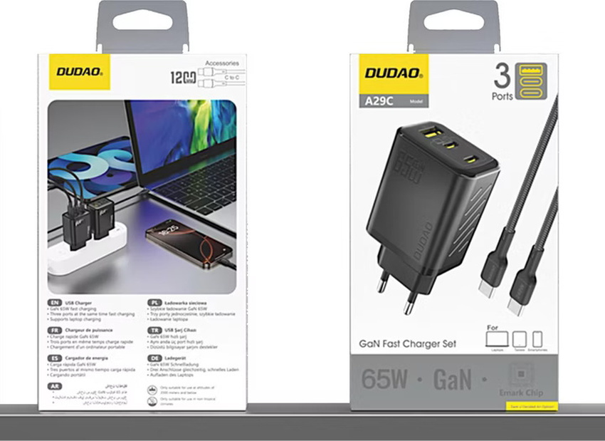 Polnilec za telefon Dudao A29CEU 65W 2x USB-C 1x USB A + USB-C kabel 1M