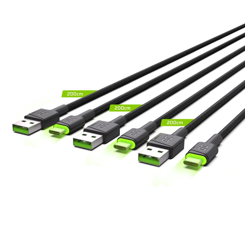 Set 3x Green Cell kabel GC Ray USB-C 200cm kabel with green LED backlight, fast charging Ultra Charge, QC 3.0 (KABGCSET03)